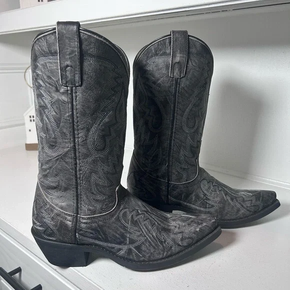 Laredo Black Western Boots Mens 7.5D Womens 9 Leather Cowboy Inlay Classic - Picture 2 of 8